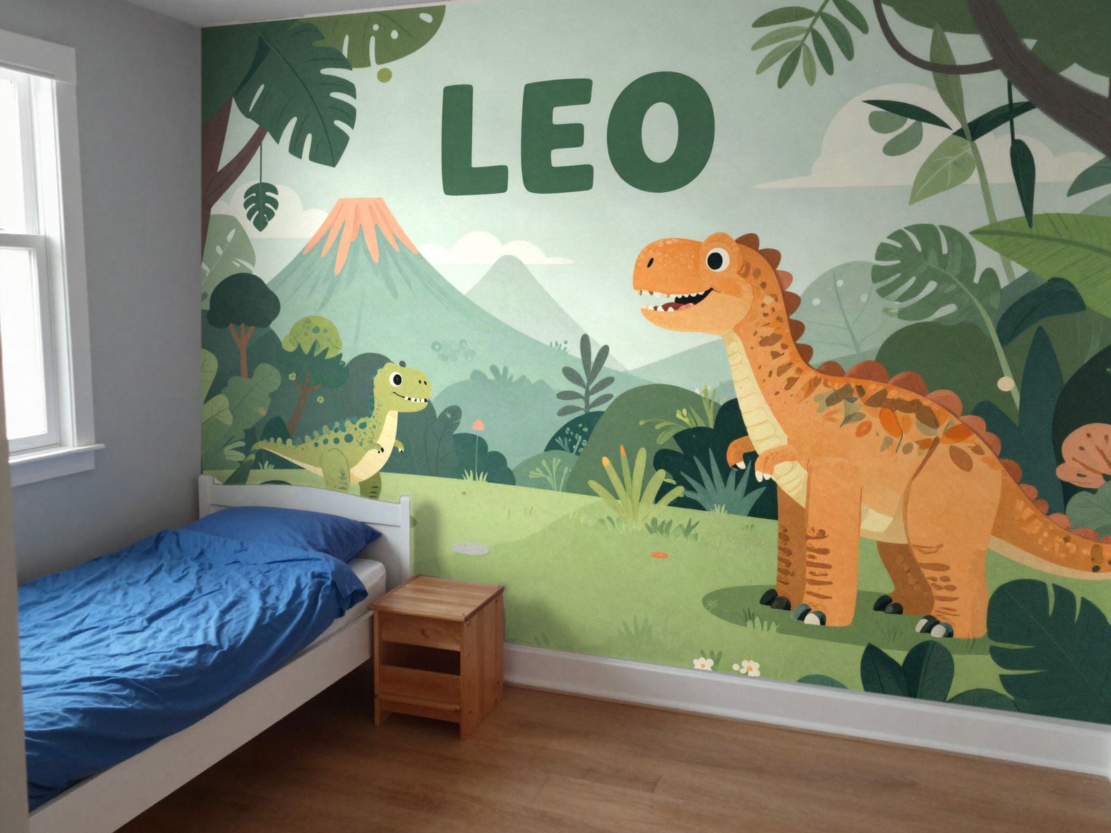 Detailed jungle dinosaur mural with LEO in green letters