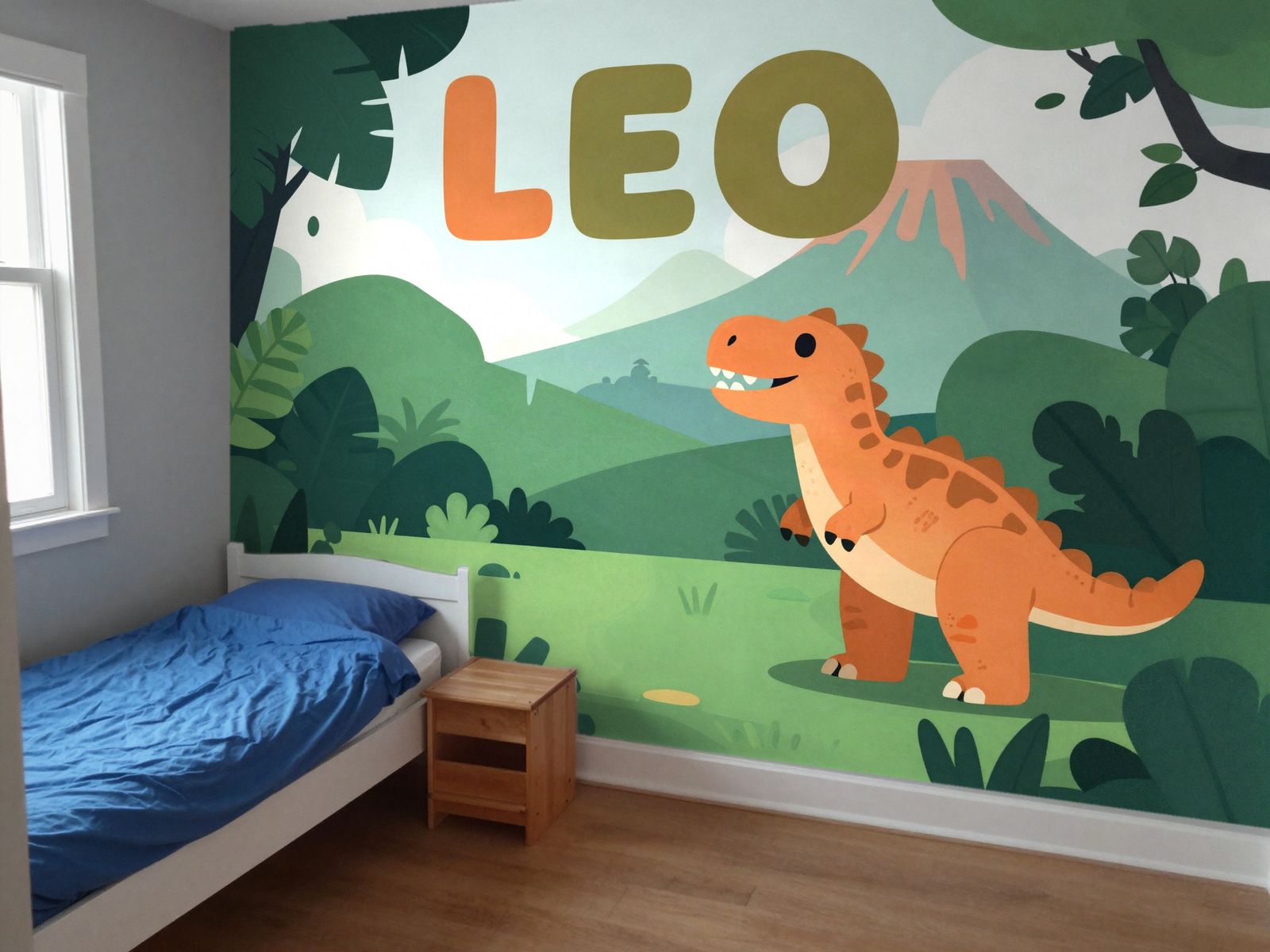The same wall with a jungle dinosaur mural that spells LEO