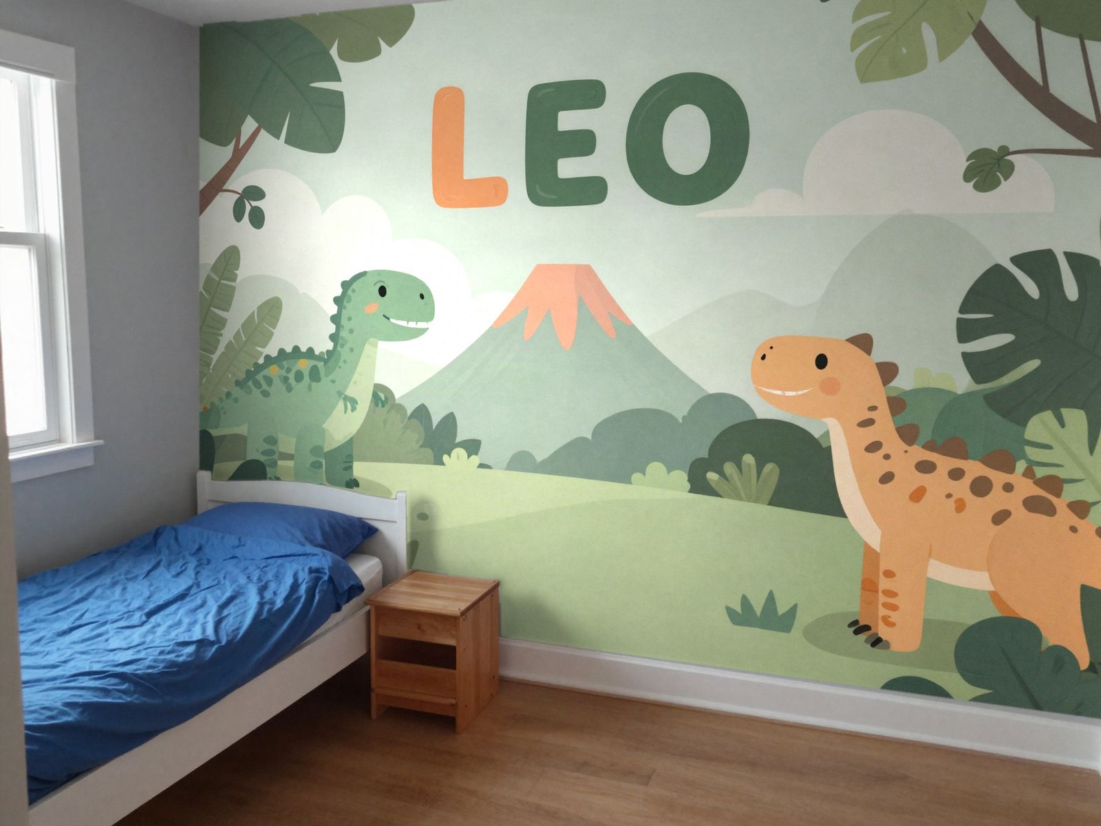 Soft-colour jungle dinosaur mural with LEO